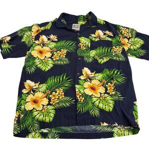 Steve & Barrys Classic Hawaiian Shirt Men's Large‎ Black Yellow Floral Print